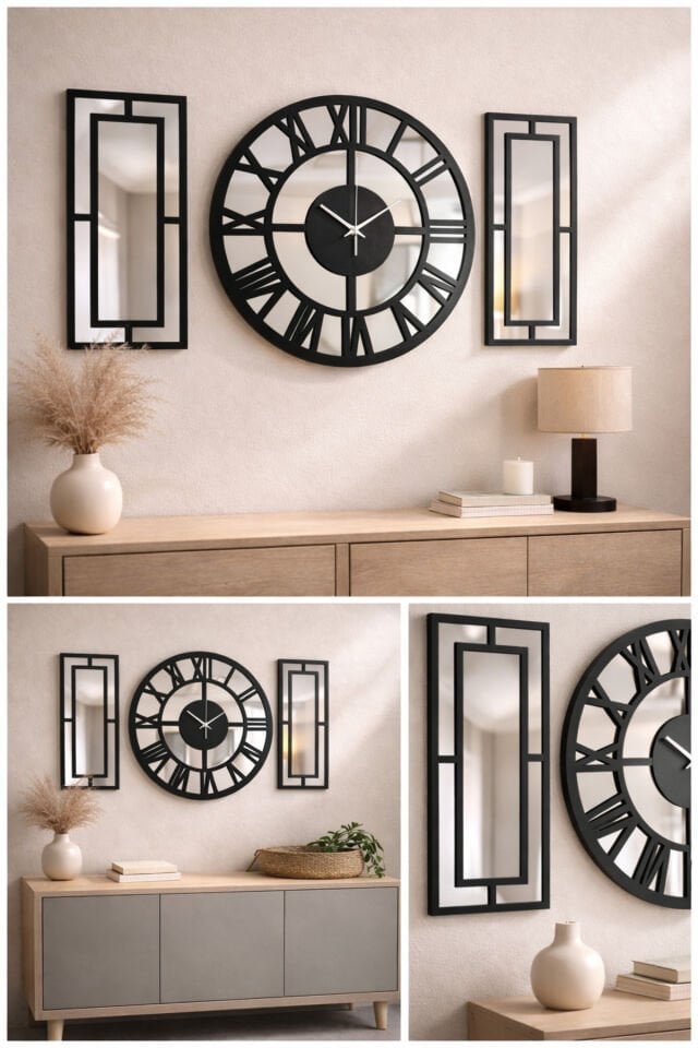 Modern Aynalı Duvar Saati Seti 3 Parça – Siyah Dekoratif Büyük Boy Salon Duvar Saati ve Paneller