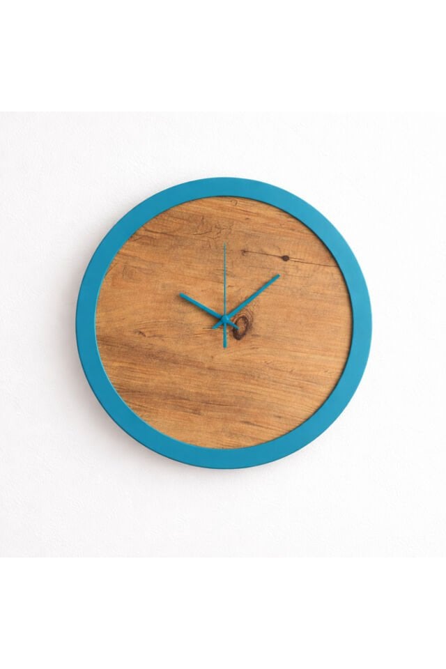 Minimal Duvar Saati 40 cm – Atlantik Çam & El Boyama Turkuaz Çerçeve Dekoratif Modern Saat