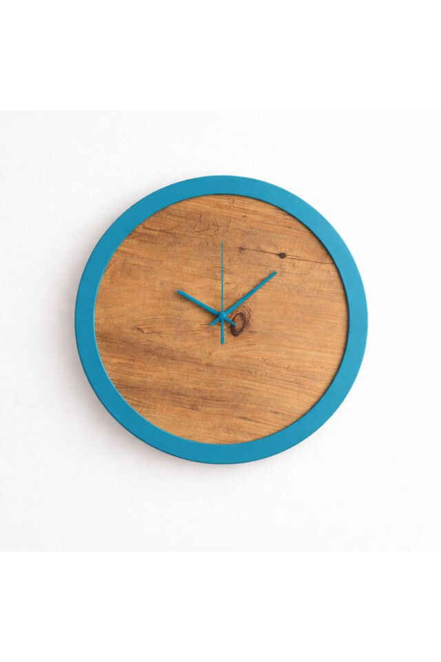 Minimal Duvar Saati 40 cm – Atlantik Çam & El Boyama Turkuaz Çerçeve Dekoratif Modern Saat