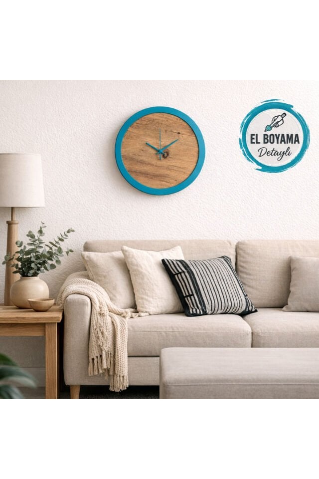 Minimal Duvar Saati 40 cm – Atlantik Çam & El Boyama Turkuaz Çerçeve Dekoratif Modern Saat