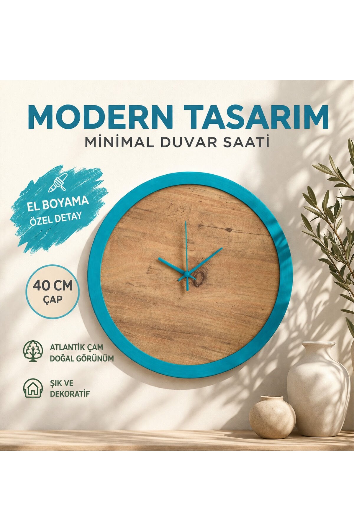 Minimal Duvar Saati 40 cm – Atlantik Çam & El Boyama Turkuaz Çerçeve Dekoratif Modern Saat