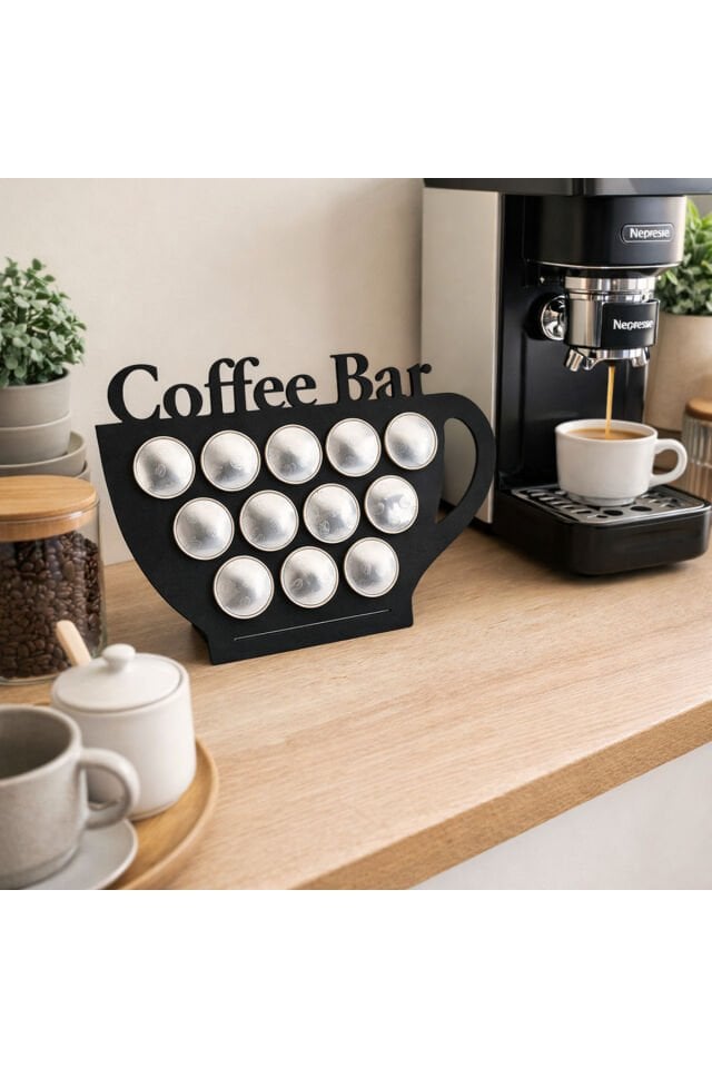 Coffee Bar Kapsül Kahve Standı – 27x18 cm MDF Nespresso Uyumlu Dekoratif Kahve Köşesi Aksesuarı