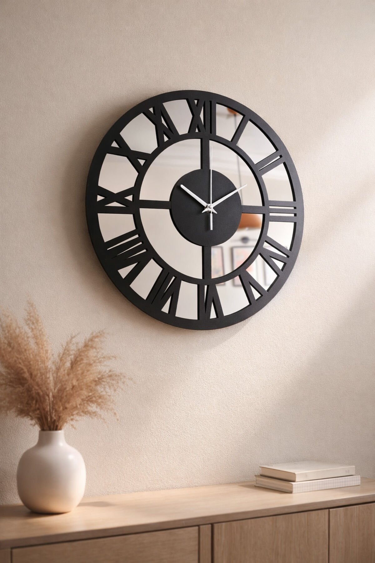 40 cm Aynalı Modern Duvar Saati – Roma Rakamlı Siyah Dekoratif Saat