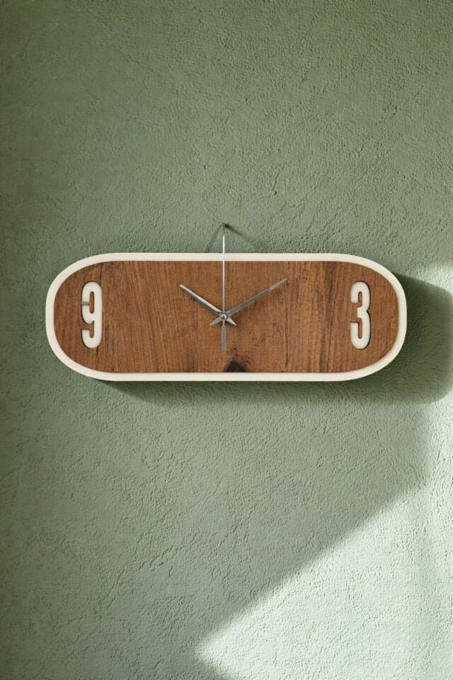 Modern Dikdörtgen Duvar Saati 40x15 cm Atlantik Çam Beyaz MDF Sessiz Mekanizma