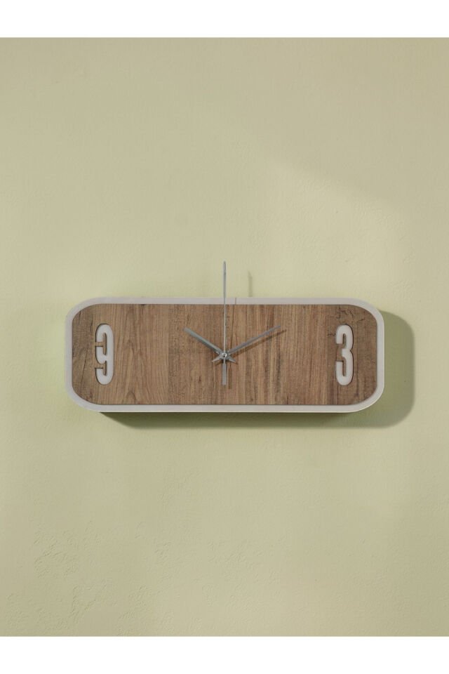 Modern Dikdörtgen Duvar Saati 40x15 cm Atlantik Çam Beyaz MDF Sessiz Mekanizma