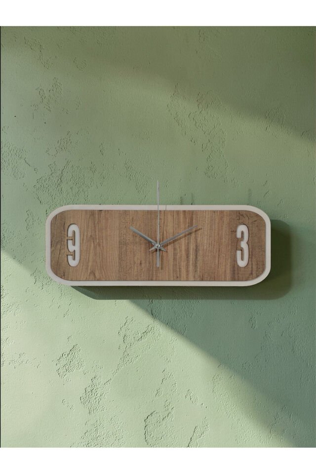 Modern Dikdörtgen Duvar Saati 40x15 cm Atlantik Çam Beyaz MDF Sessiz Mekanizma