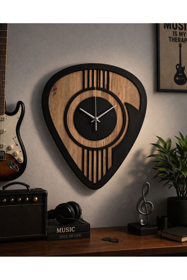 Gitar Penası Tasarımlı MDF Duvar Saati – Müzik Konsept Dekoratif Modern Saat 40x35 cm