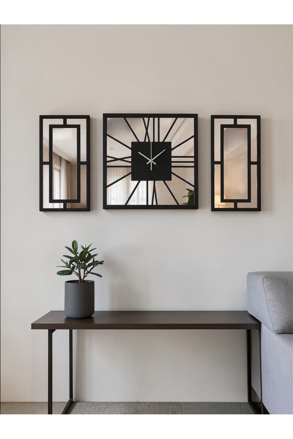 3 Parça Aynalı Duvar Saati Seti 40 cm Saat + 40x20 cm Dekoratif Paneller Modern Salon Dekoru