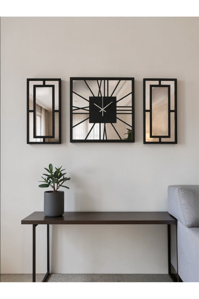 3 Parça Aynalı Duvar Saati Seti 40 cm Saat + 40x20 cm Dekoratif Paneller Modern Salon Dekoru