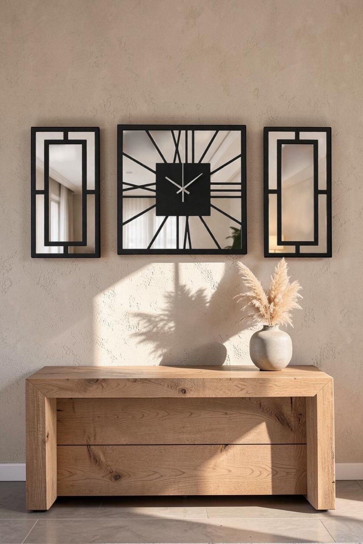 3 Parça Aynalı Duvar Saati Seti 40 cm Saat + 40x20 cm Dekoratif Paneller Modern Salon Dekoru