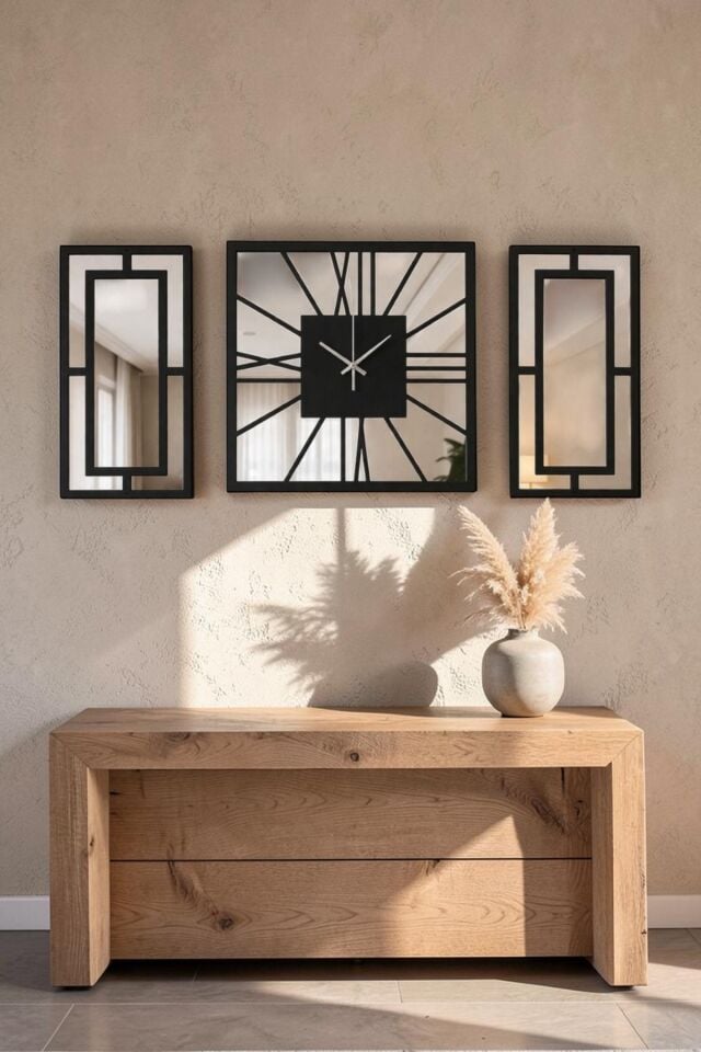 3 Parça Aynalı Duvar Saati Seti 40 cm Saat + 40x20 cm Dekoratif Paneller Modern Salon Dekoru
