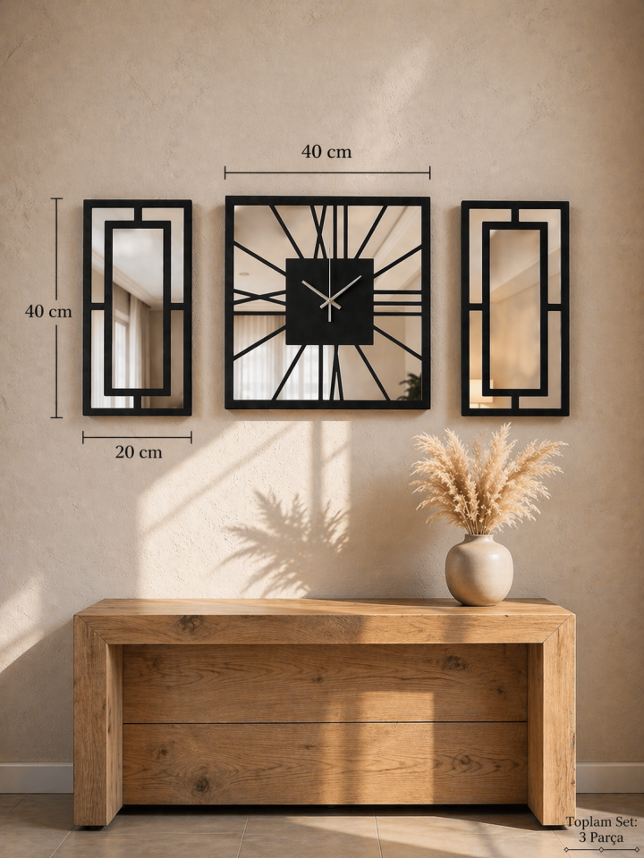 3 Parça Aynalı Duvar Saati Seti 40 cm Saat + 40x20 cm Dekoratif Paneller Modern Salon Dekoru