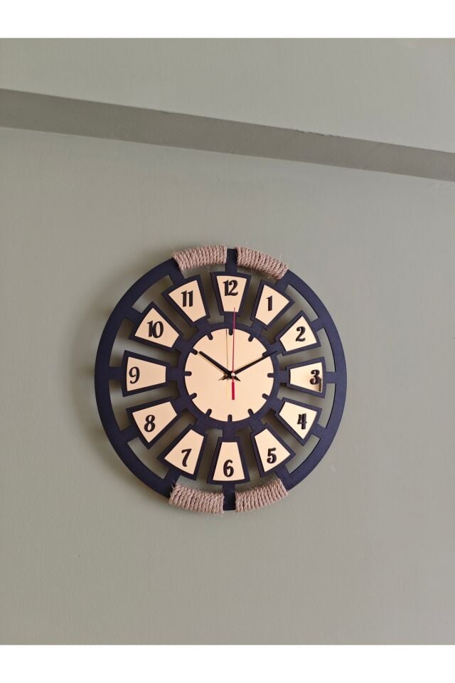 Ayna Pleksi Detaylı 40 cm Dekoratif Duvar Saati – Halat Detaylı Modern Bohem MDF Saat