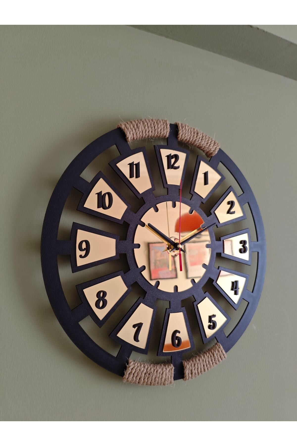 Ayna Pleksi Detaylı 40 cm Dekoratif Duvar Saati – Halat Detaylı Modern Bohem MDF Saat