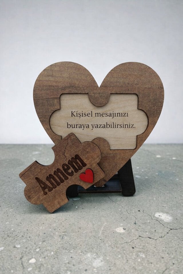 Kişiye Özel Mesajlı Ahşap Puzzle Kalp Masa Dekoru – Anneler Günü Anlamlı Hediye – 20 cm