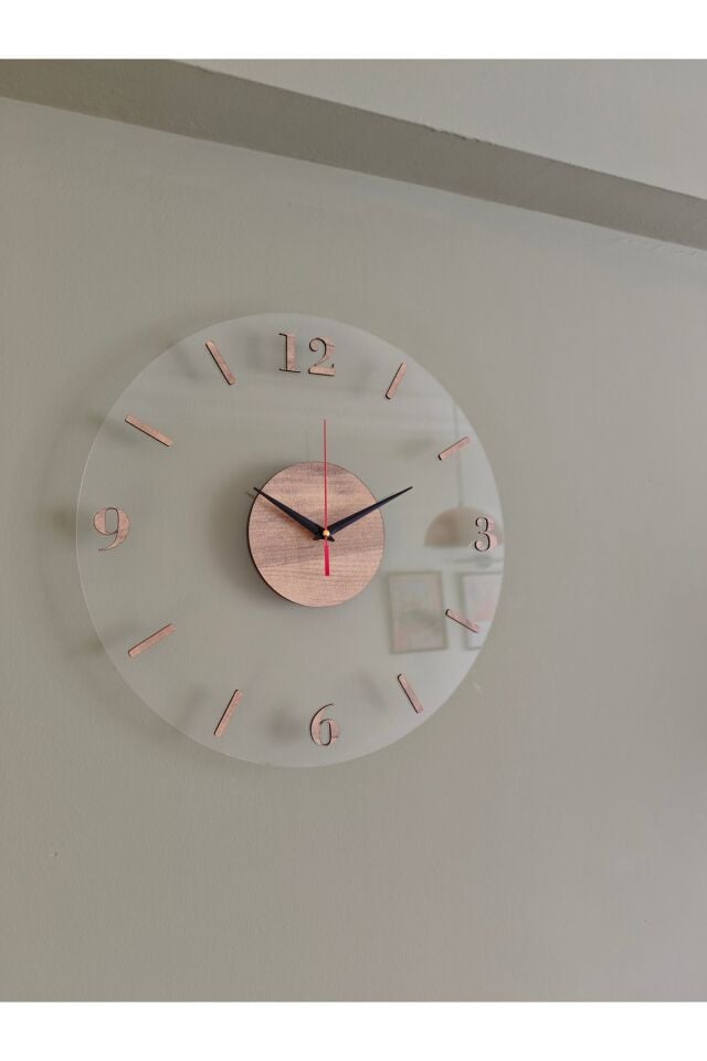 40 cm Şeffaf Pleksi Duvar Saati – Ahşap Detaylı Modern Minimal Salon Saati