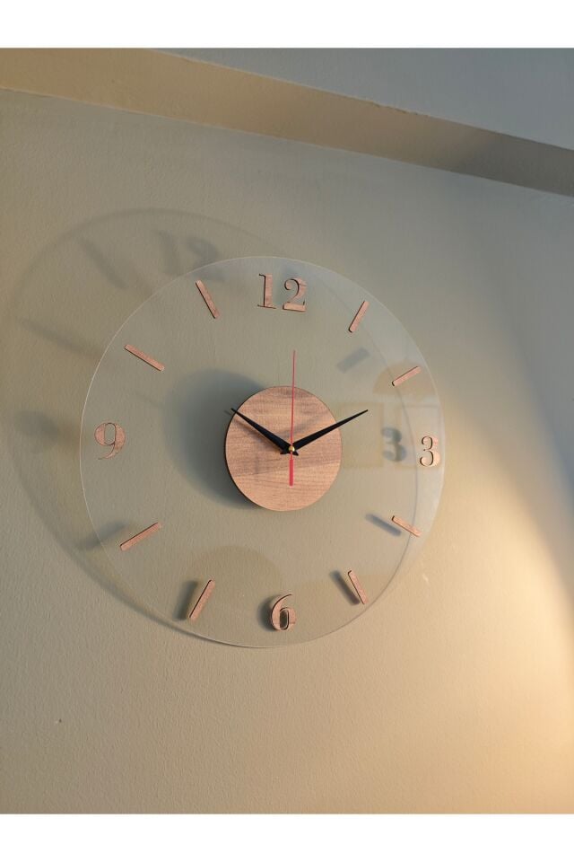 40 cm Şeffaf Pleksi Duvar Saati – Ahşap Detaylı Modern Minimal Salon Saati
