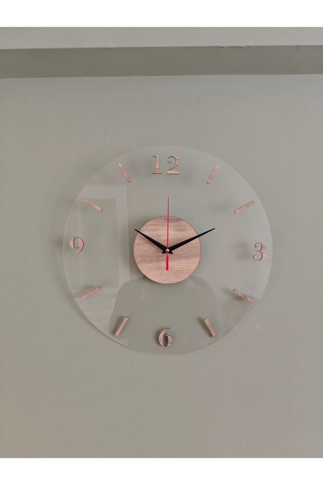 40 cm Şeffaf Pleksi Duvar Saati – Ahşap Detaylı Modern Minimal Salon Saati