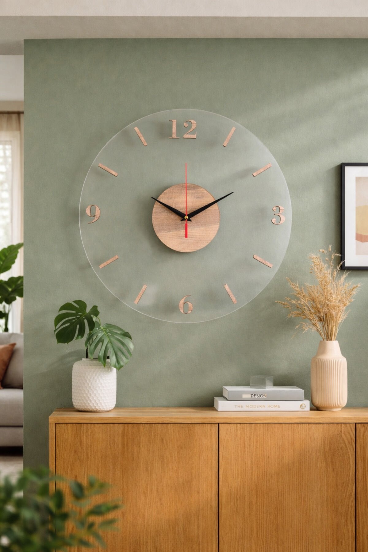 40 cm Şeffaf Pleksi Duvar Saati – Ahşap Detaylı Modern Minimal Salon Saati