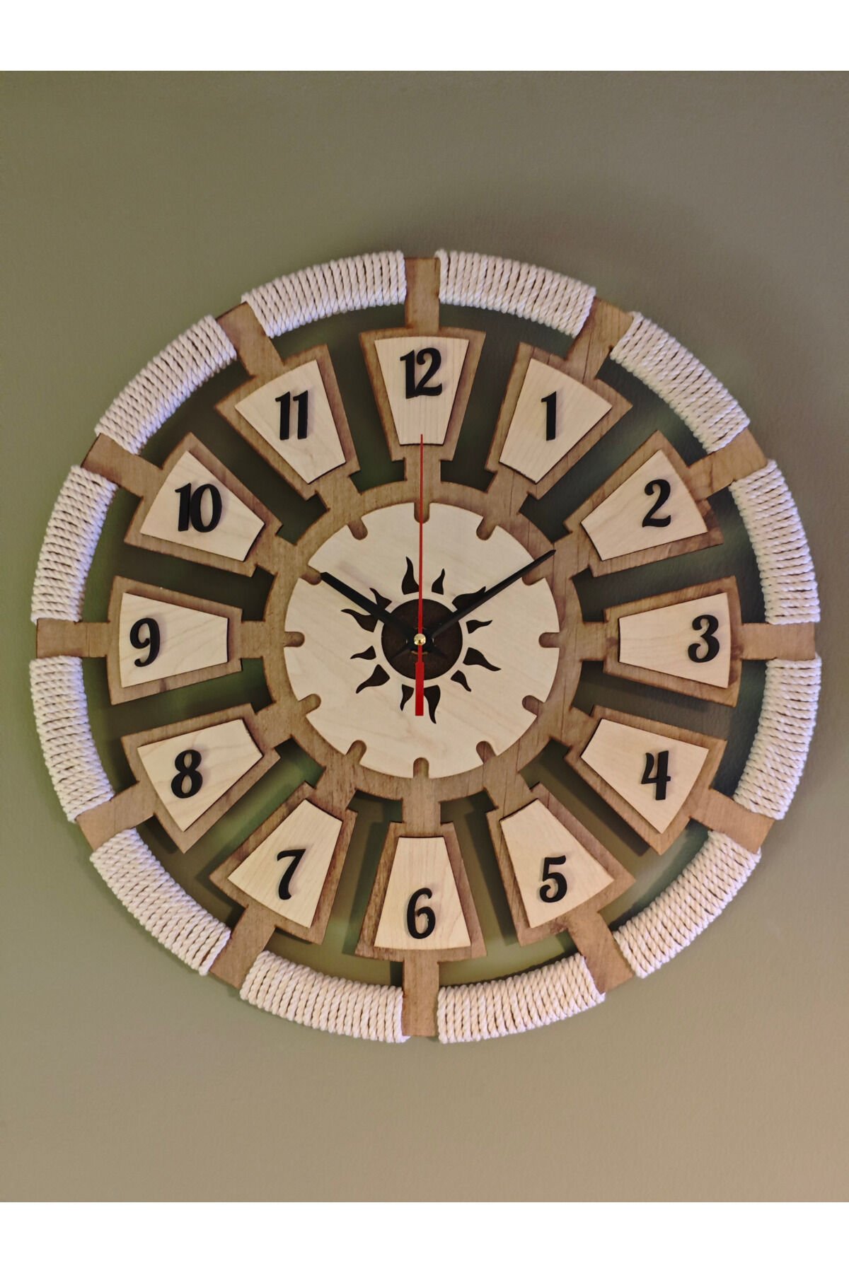 Makrome Detaylı Güneş Figürlü 40 cm Ahşap Duvar Saati – Çift Kat MDF Bohem Salon Saati