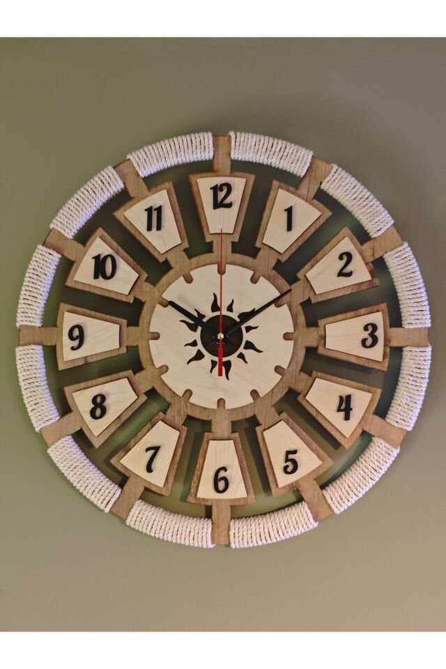 Makrome Detaylı Güneş Figürlü 40 cm Ahşap Duvar Saati – Çift Kat MDF Bohem Salon Saati