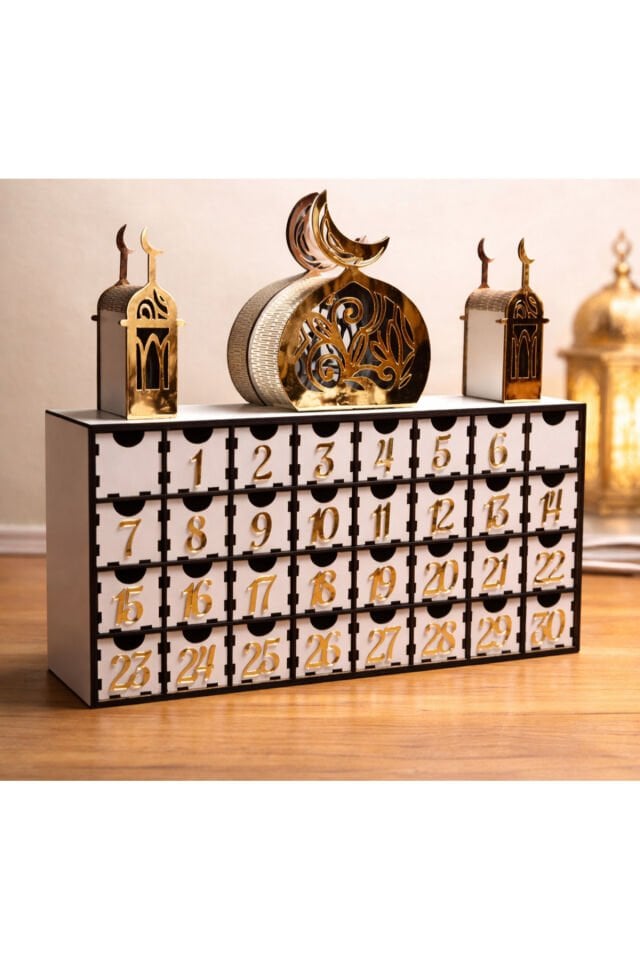 Led Işıklı Ramazan Takvimi – Sarı Pleksi Rakamlı – 30 Gözlü Ahşap Takvim – 50x45 cm