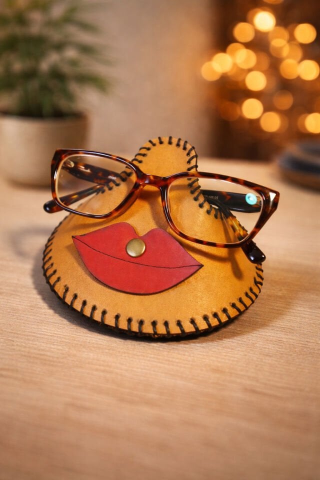 El Yapımı Deri Dudaklı Gözlük Standı – Masa Üstü Dekoratif Gözlük Tutucu