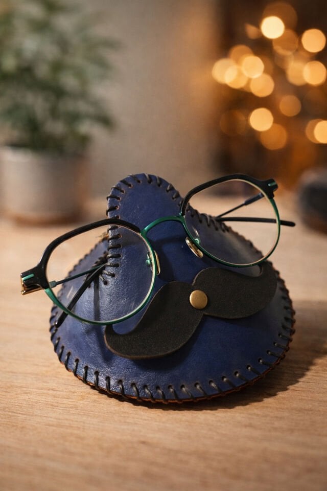 El Yapımı Deri Bıyıklı Gözlük Standı – Masa Üstü Şık Gözlük Tutucu