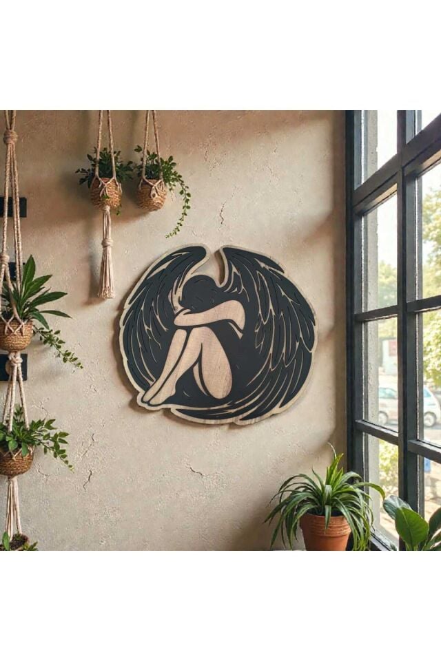 40 cm Düşmüş Melek Duvar Dekoru – Siyah Lazer Kesim MDF | Modern & Sanatsal Tasarım