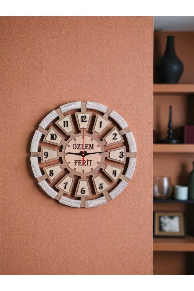 Makrome Detaylı Ahşap Duvar Saati - Kişiye Özel İsimli MDF Tasarım 40 cm