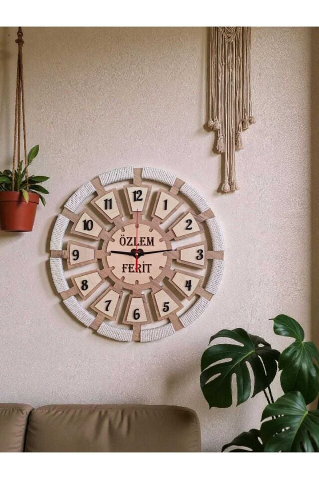 Makrome Detaylı Ahşap Duvar Saati - Kişiye Özel İsimli MDF Tasarım 40 cm