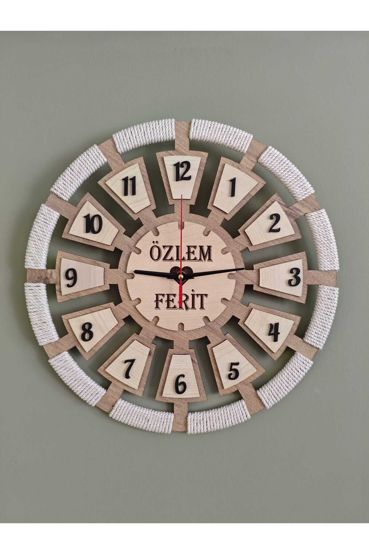 Makrome Detaylı Ahşap Duvar Saati - Kişiye Özel İsimli MDF Tasarım 40 cm