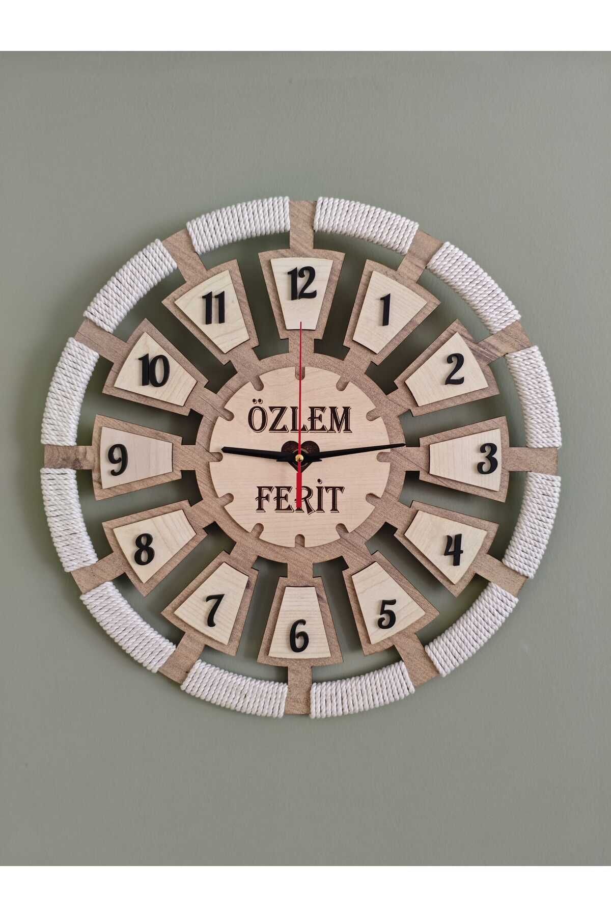 Makrome Detaylı Ahşap Duvar Saati - Kişiye Özel İsimli MDF Tasarım 40 cm