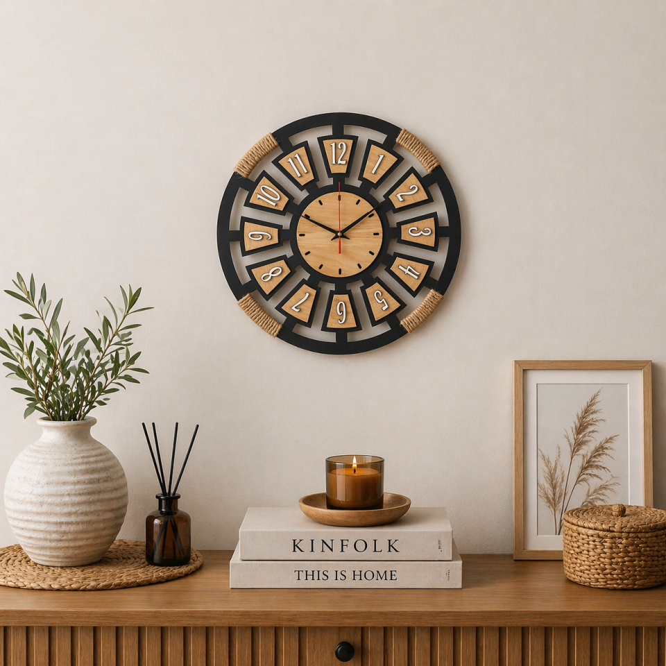 Jüt İp Detaylı Ahşap Duvar Saati – Modern Tasarım