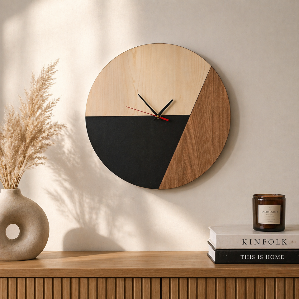 Modern Ahşap Duvar Saati – Geometrik Tasarım