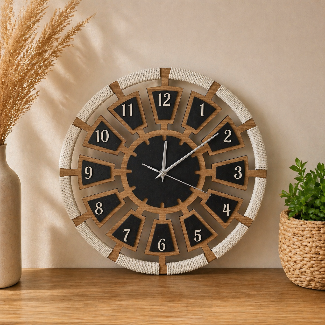 Bohem Makrome Detaylı Ahşap Duvar Saati 40 cm – Siyah & Doğal Ahşap