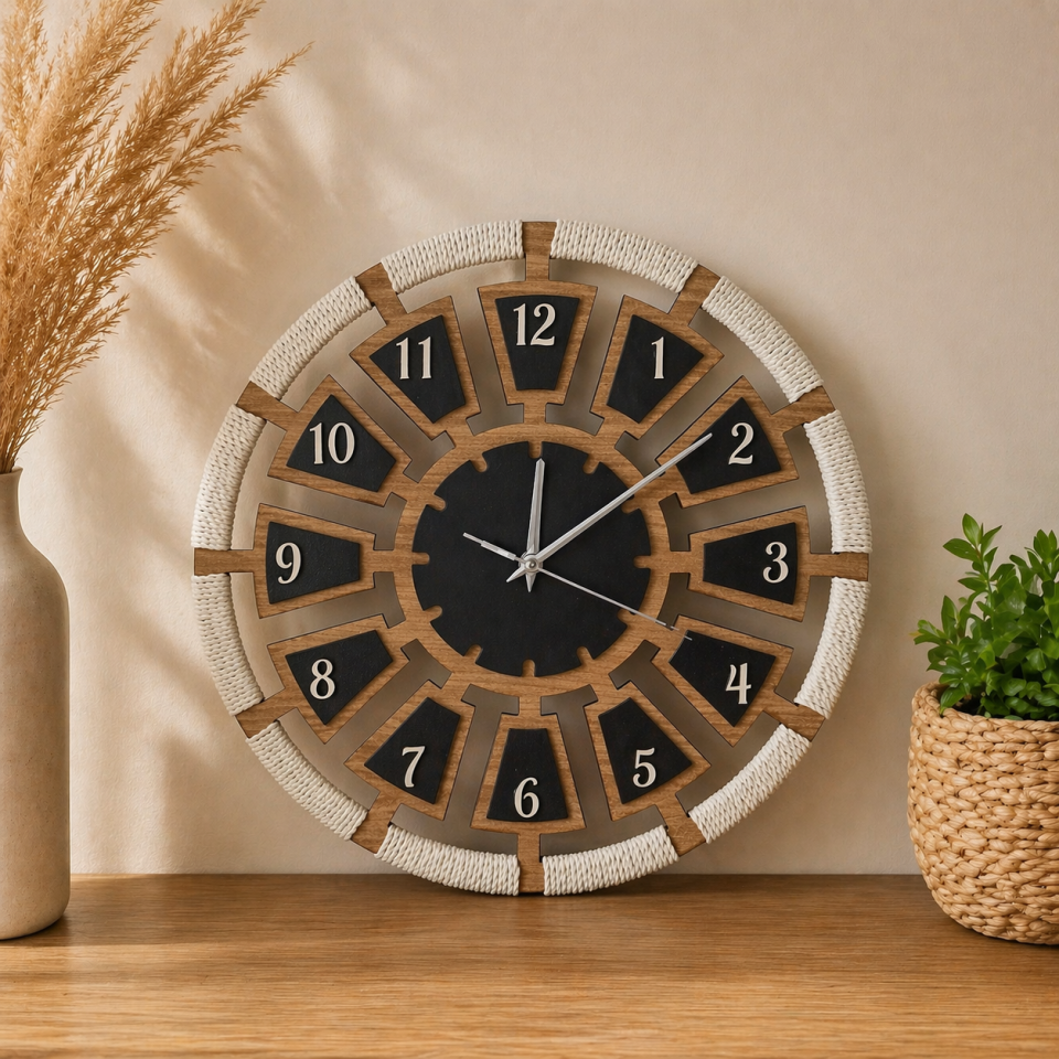 Bohem Makrome Detaylı Ahşap Duvar Saati 40 cm – Siyah & Doğal Ahşap