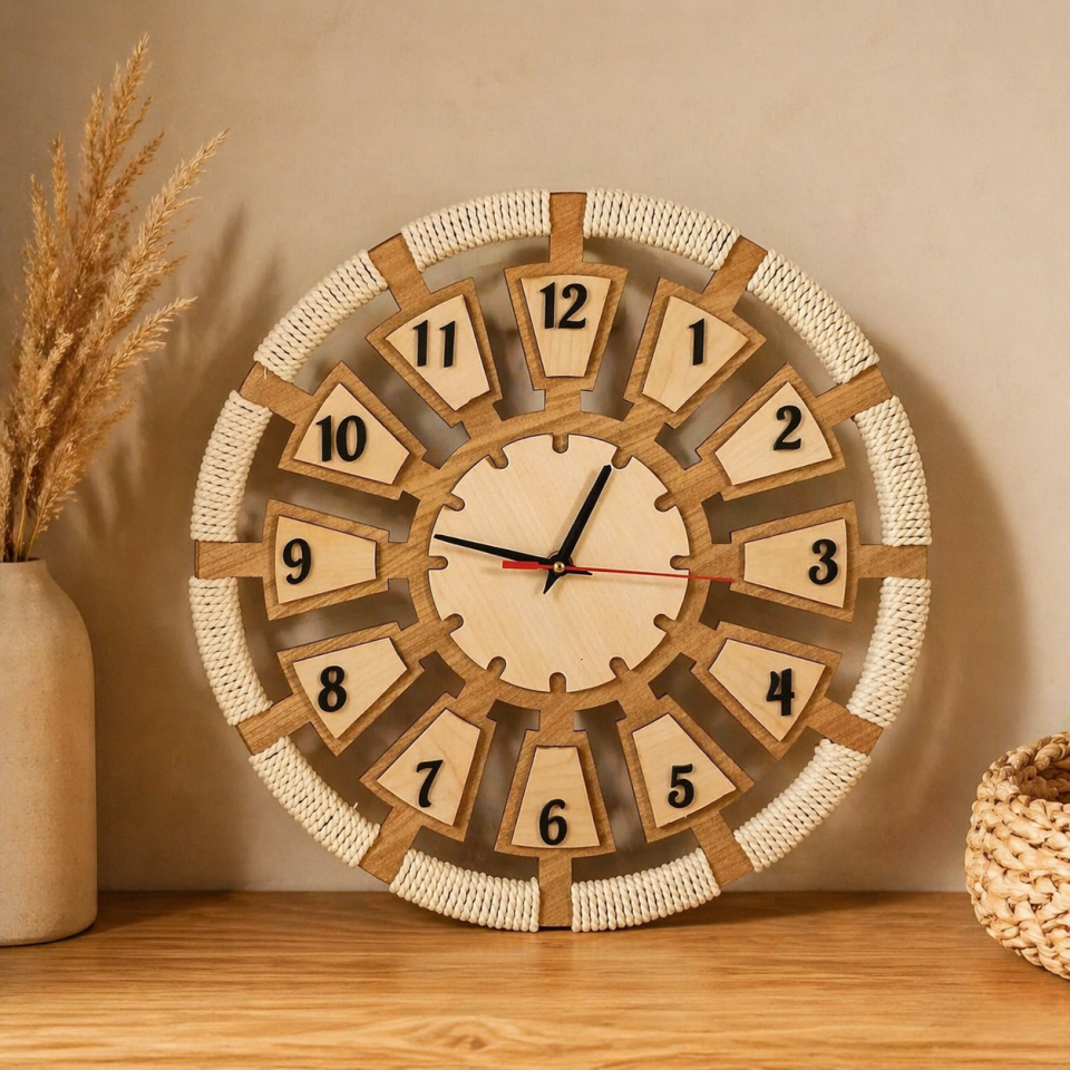 Bohem Makrome Detaylı Ahşap Duvar Saati 40 cm – Doğal & El İşçiliği Görünümlü