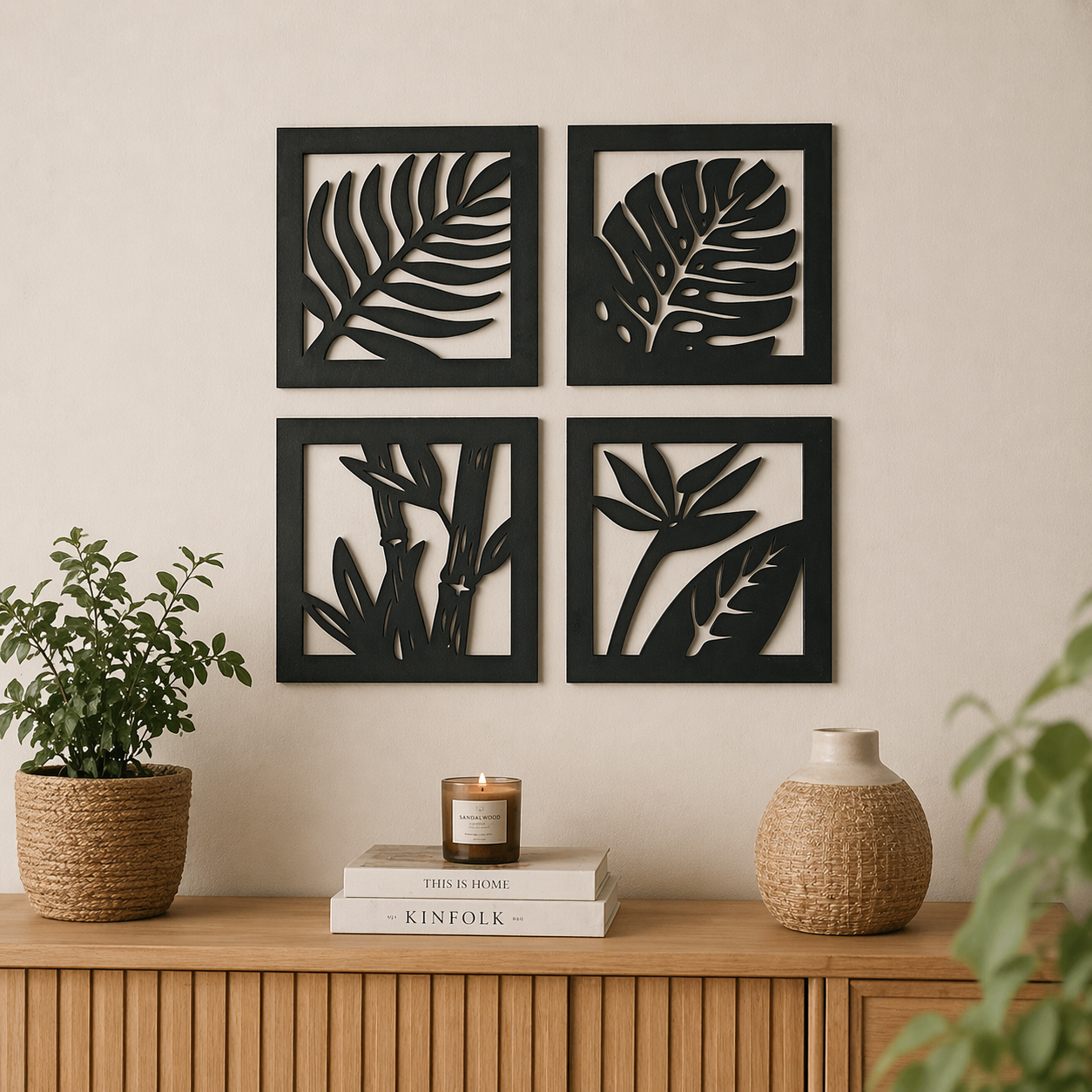 Doğadan İlham Alan Minimal Duvar Dekoru – 4’lü Set (20x20 cm)