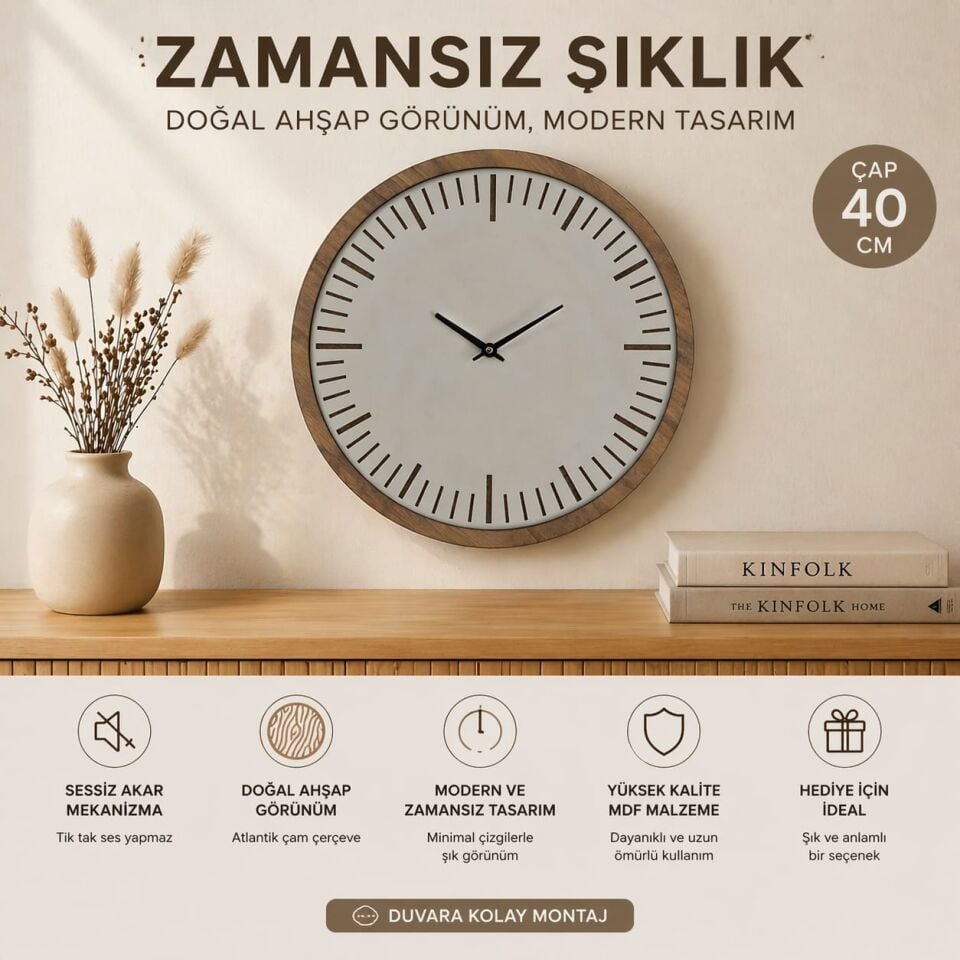 Minimal Ahşap Duvar Saati 40 cm – Beyaz & Atlantik Çam Çerçeve
