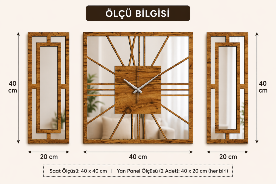 Aynalı 3’lü Dekoratif Duvar Saati Seti – Atlantik Çam & Pleksi (40 cm + 40x20 cm)