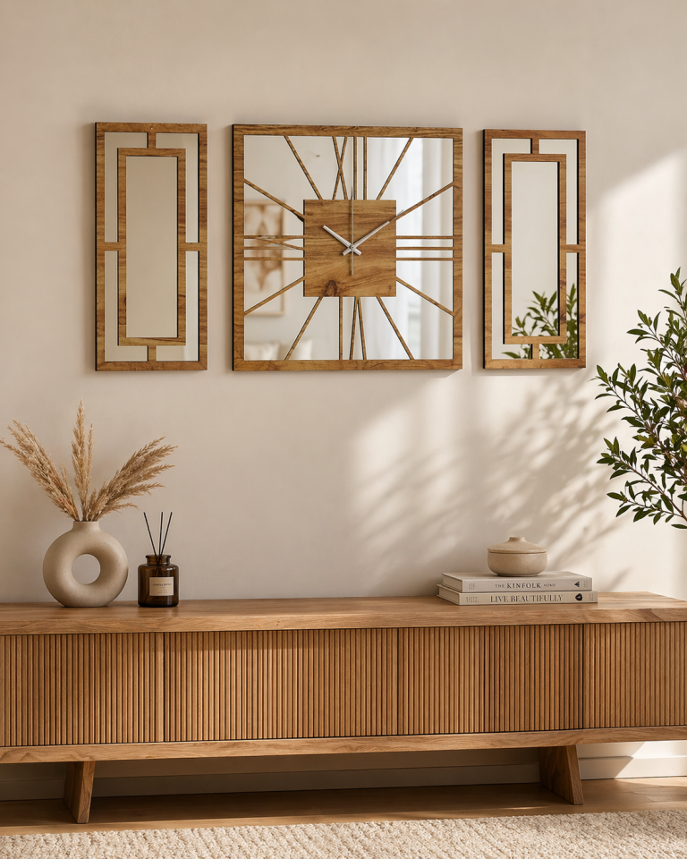 Aynalı 3’lü Dekoratif Duvar Saati Seti – Atlantik Çam & Pleksi (40 cm + 40x20 cm)