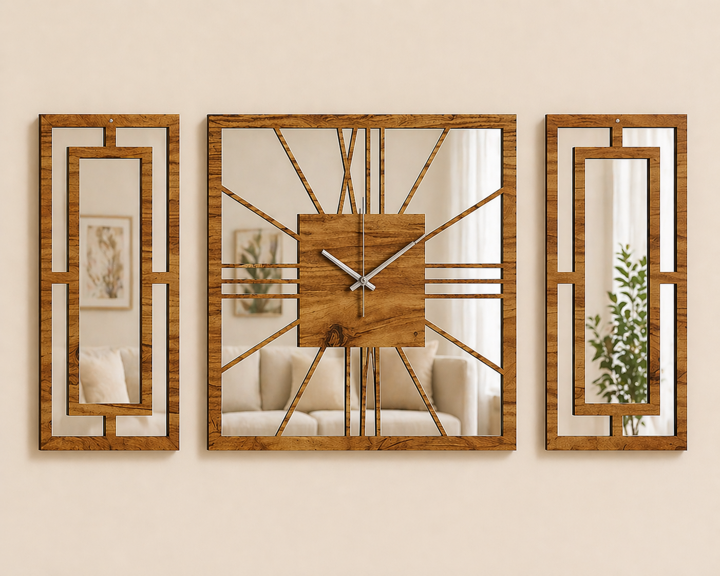 Aynalı 3’lü Dekoratif Duvar Saati Seti – Atlantik Çam & Pleksi (40 cm + 40x20 cm)