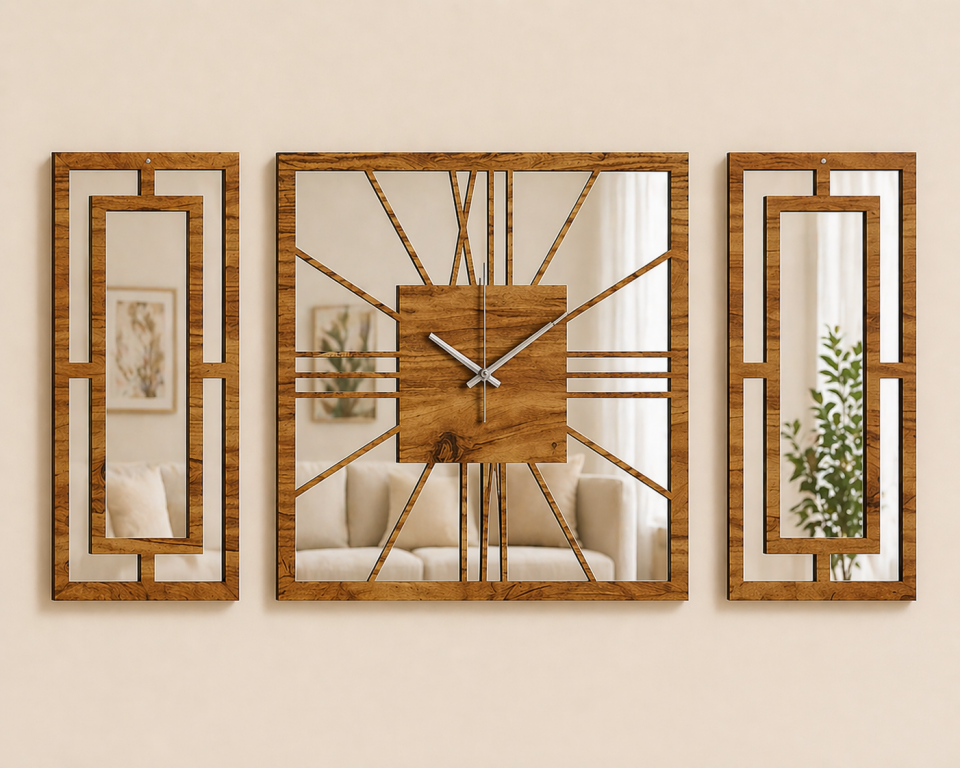 Aynalı 3’lü Dekoratif Duvar Saati Seti – Atlantik Çam & Pleksi (40 cm + 40x20 cm)