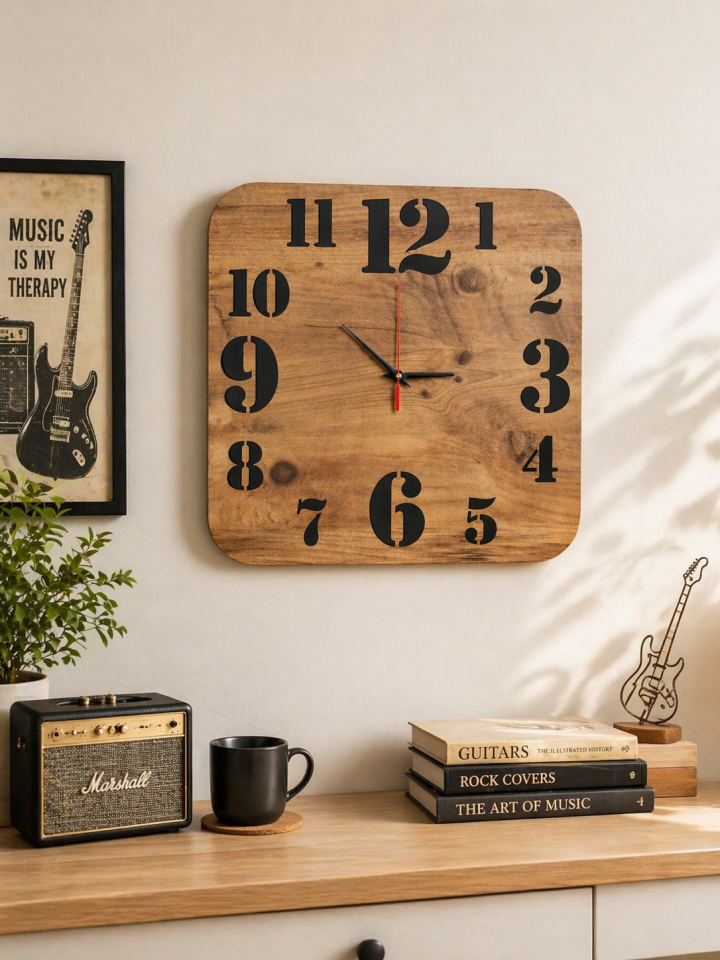 Modern Ahşap Duvar Saati 40 Cm – Büyük Rakamlı Minimal Tasarım