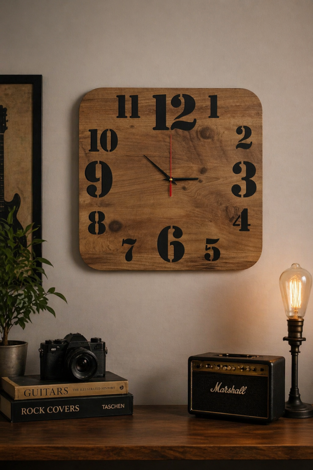 Modern Ahşap Duvar Saati 40 Cm – Büyük Rakamlı Minimal Tasarım