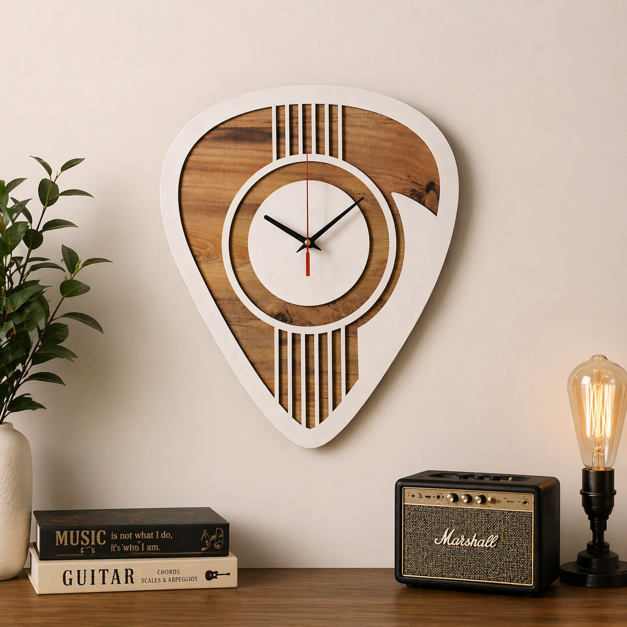 Gitar Pena Formlu Beyaz Duvar Saati 40 Cm – Modern Tasarım