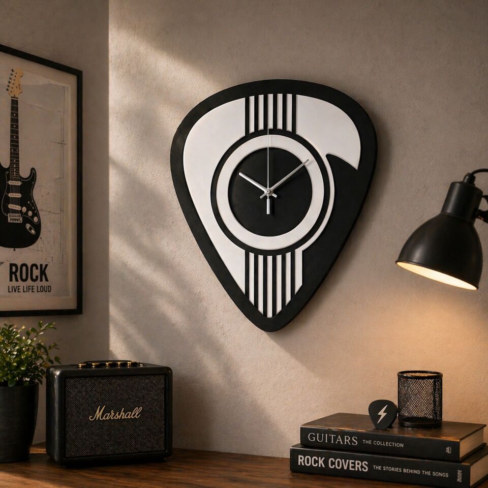 Siyah & Beyaz Gitar Pena Formlu Duvar Saati 40 Cm – Modern Tasarım
