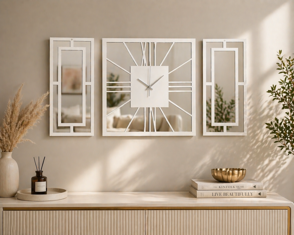 3 Parça Pleksi Aynalı Dekoratif Duvar Saati Seti 40 Cm Saat + 20x40 Cm Paneller Beyaz MDF
