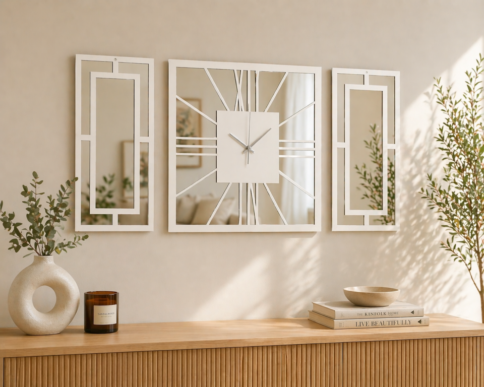 3 Parça Pleksi Aynalı Dekoratif Duvar Saati Seti 40 Cm Saat + 20x40 Cm Paneller Beyaz MDF